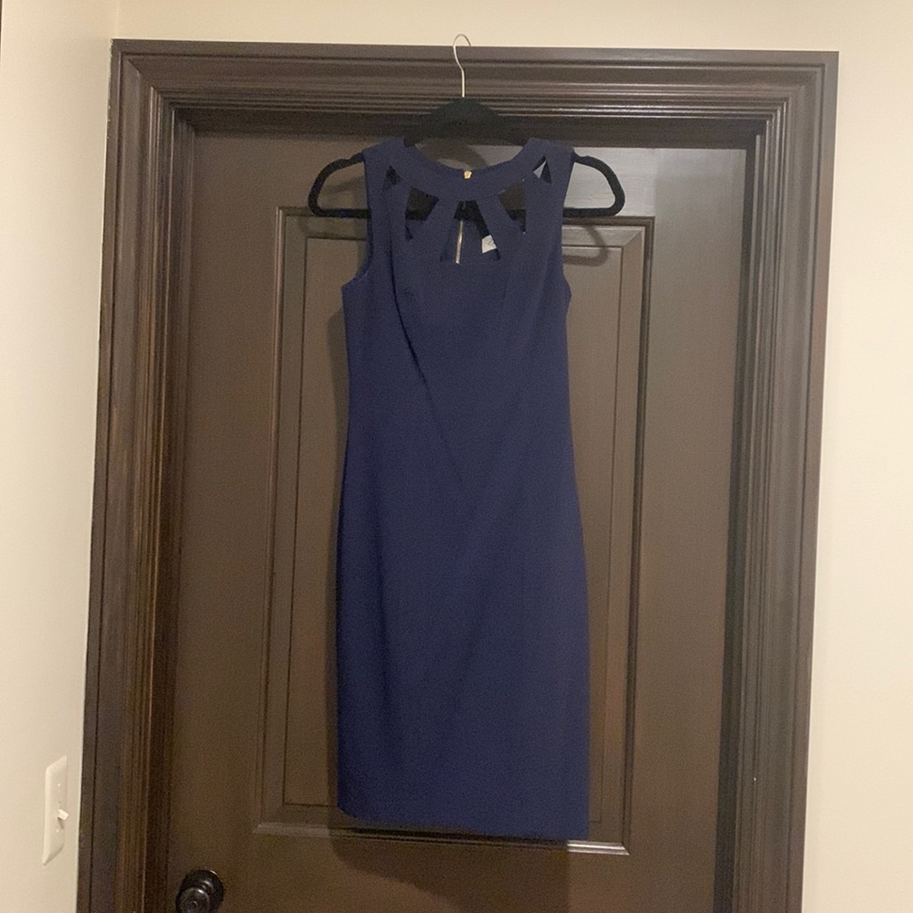 NWOT - Eliza J navy dress w/ cutout detail and gold zippered back - Size 2